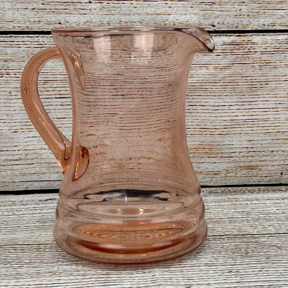Vintage Pink Depression Glass Pitcher Ringed Base Hand Blown 7.5‎ Inch Blush